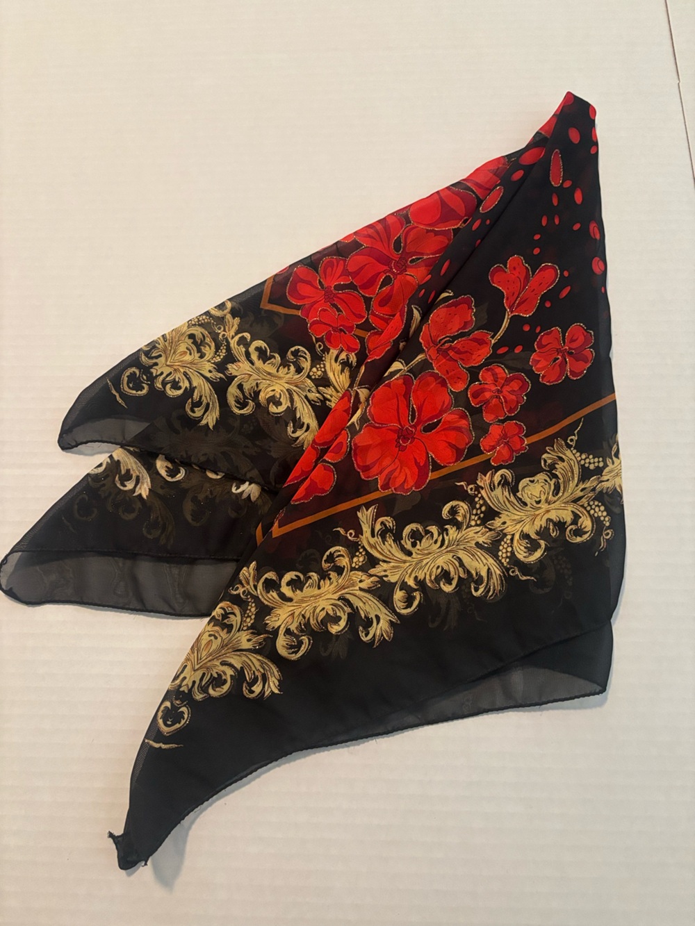 Elegant Floral Black Silk Scarf with Red and Gold Accents